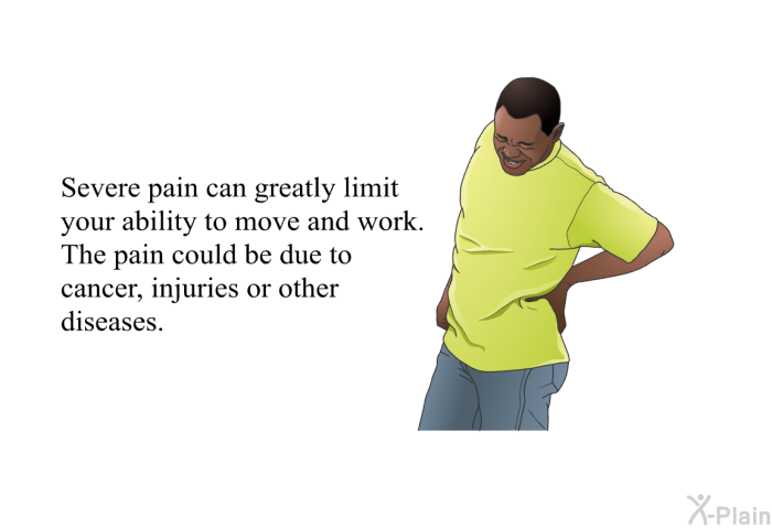 Severe pain can greatly limit your ability to move and work. The pain could be due to cancer, injuries or other diseases.