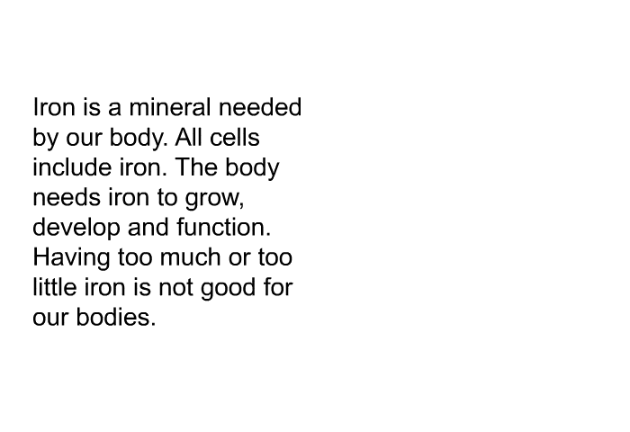 Iron is a mineral needed by our body. All cells include iron. The body needs iron to grow, develop and function. Having too much or too little iron is not good for our bodies.