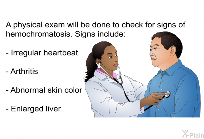 A physical exam will be done to check for signs of hemochromatosis. Signs include:  Irregular heartbeat Arthritis Abnormal skin color Enlarged liver