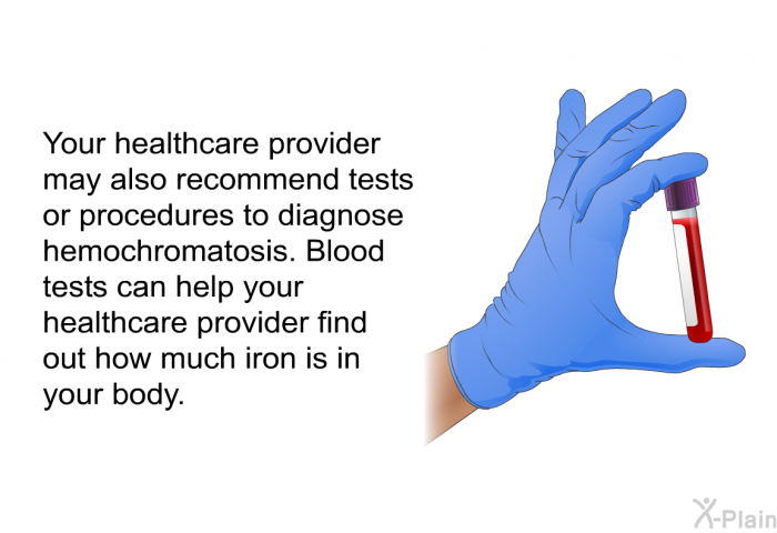 Your healthcare provider may also recommend tests or procedures to diagnose hemochromatosis. Blood tests can help your healthcare provider find out how much iron is in your body.