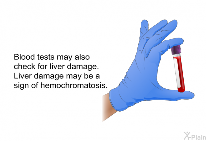 Blood tests may also check for liver damage. Liver damage may be a sign of hemochromatosis.