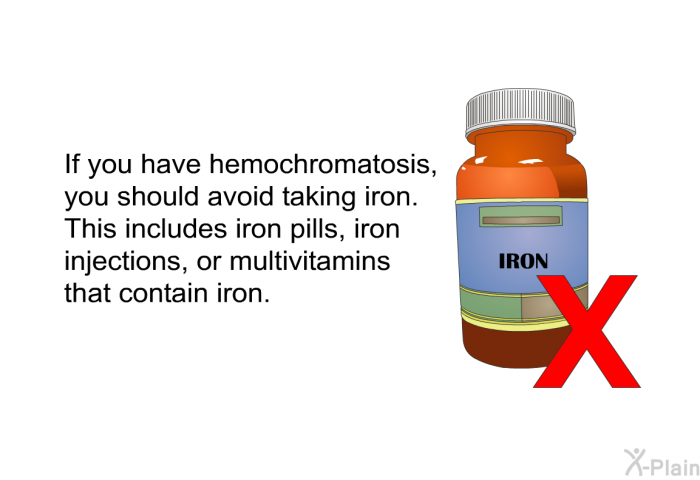 If you have hemochromatosis, you should avoid taking iron. This includes iron pills, iron injections, or multivitamins that contain iron.