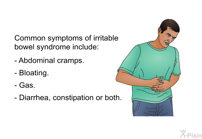 Common symptoms of irritable bowel syndrome include:  Abdominal cramps. Bloating. Gas. Diarrhea, constipation or both.