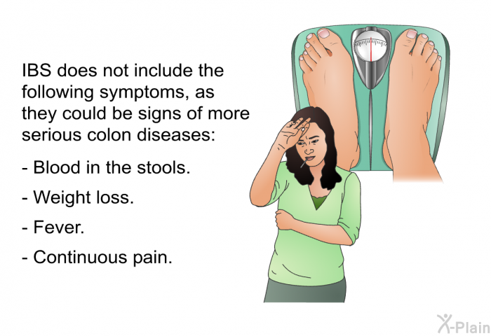 IBS does not include the following symptoms, as they could be signs of more serious colon diseases:  Blood in the stools. Weight loss. Fever. Continuous pain.