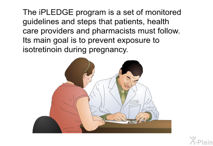 The iPLEDGE program is a set of monitored guidelines and steps that patients, health care providers and pharmacists must follow. Its main goal is to prevent exposure to isotretinoin during pregnancy.