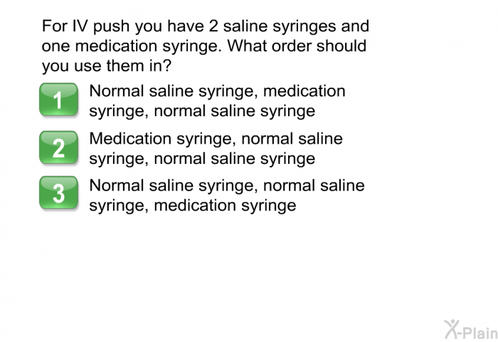 For IV push you have 2 saline syringes and one medication syringe. What order should you use them in?  Normal saline syringe, medication syringe, normal saline syringe Medication syringe, normal saline syringe, normal saline syringe Normal saline syringe, normal saline syringe, medication syringe