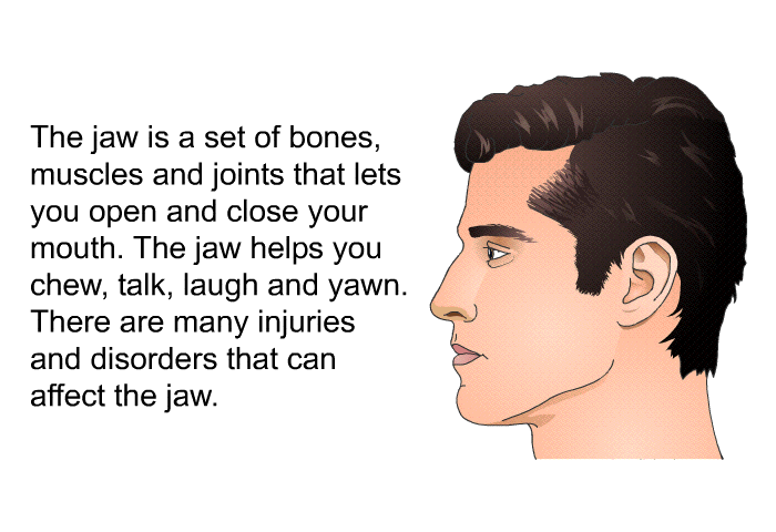 The jaw is a set of bones, muscles and joints that lets you open and close your mouth. The jaw helps you chew, talk, laugh and yawn. There are many injuries and disorders that can affect the jaw.