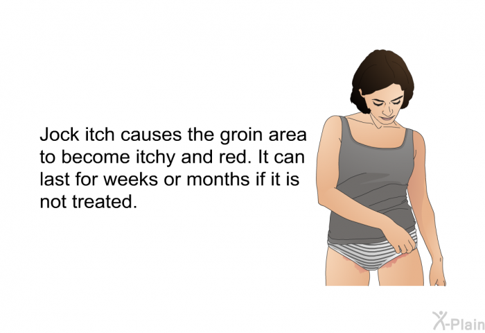 Jock itch causes the groin area to become itchy and red. It can last for weeks or months if it is not treated.