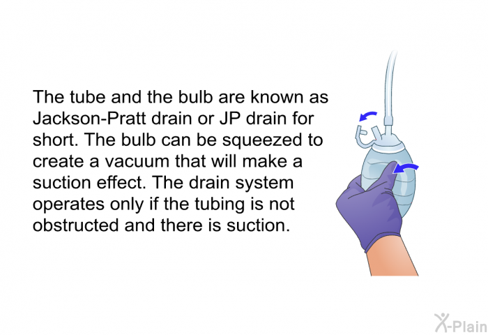 The tube and the bulb are known as Jackson-Pratt drain or JP drain for short. The bulb can be squeezed to create a vacuum that will make a suction effect. The drain system operates only if the tubing is not obstructed and there is suction.
