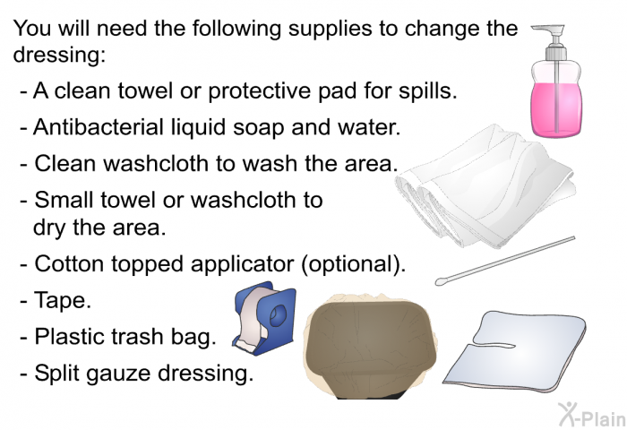 You will need the following supplies to change the dressing:  A clean towel or protective pad for spills. Antibacterial liquid soap and water. Clean washcloth to wash the area. Small towel or washcloth to dry the area. Cotton topped applicator (optional). Tape. Plastic trash bag. Split gauze dressing.