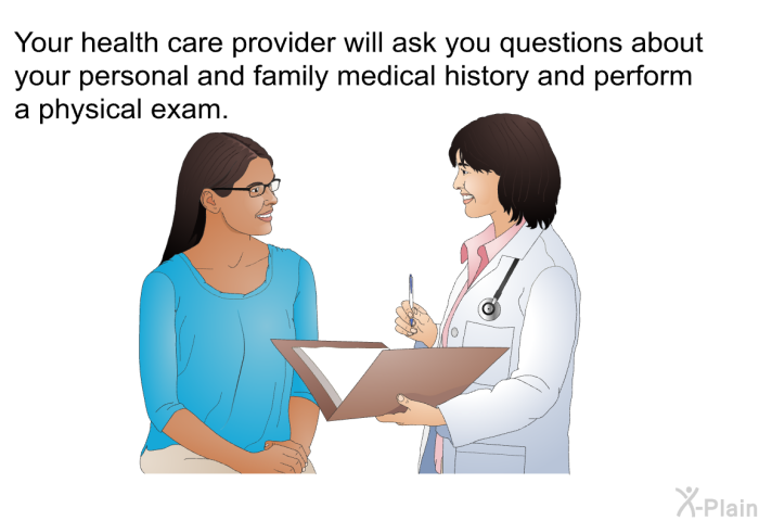 Your health care provider will ask you questions about your personal and family medical history and perform a physical exam.