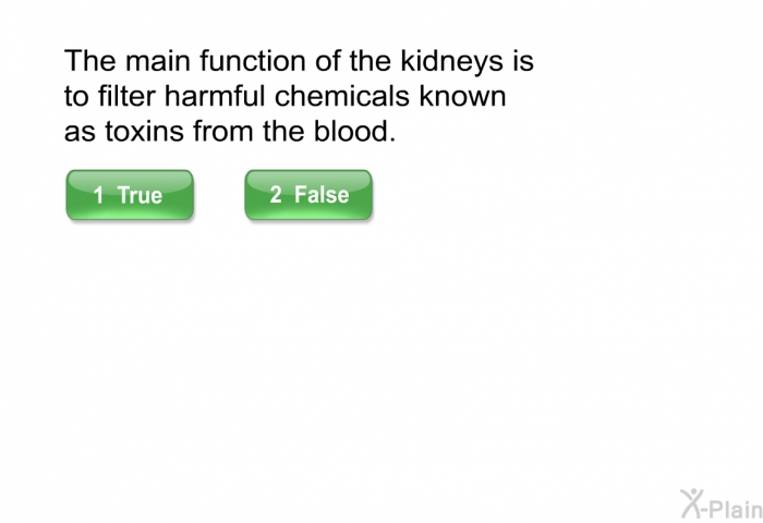 The main function of the kidneys is to filter harmful chemicals known as toxins from the blood.