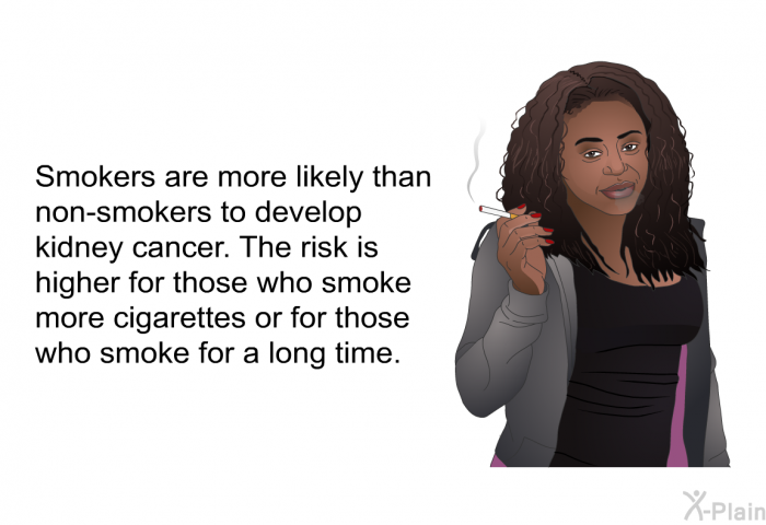 Smokers are more likely than non-smokers to develop kidney cancer. The risk is higher for those who smoke more cigarettes or for those who smoke for a long time.