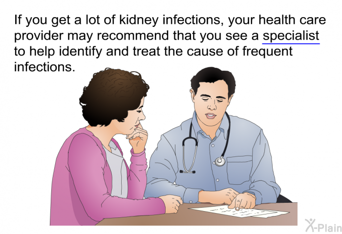 If you get a lot of kidney infections, your health care provider may recommend that you see a specialist to help identify and treat the cause of frequent infections.