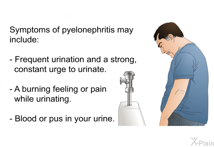 Symptoms of pyelonephritis may include:  Frequent urination and a strong, constant urge to urinate. A burning feeling or pain while urinating. Blood or pus in your urine.