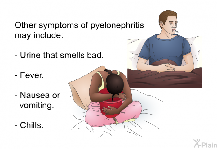Other symptoms of pyelonephritis may include:  Urine that smells bad. Fever. Nausea or vomiting. Chills.