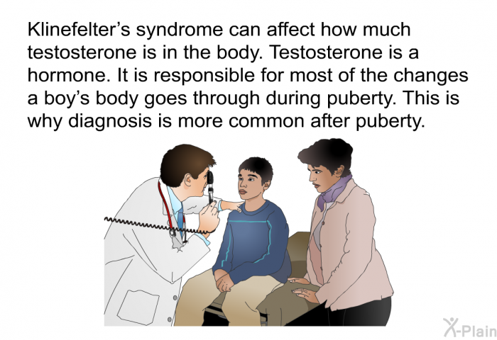 Klinefelter's syndrome can affect how much testosterone is in the body. Testosterone is a hormone. It is responsible for most of the changes a boy's body goes through during puberty. This is why diagnosis is more common after puberty.