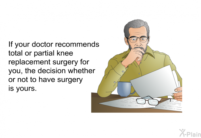 If your doctor recommends total or partial knee replacement surgery for you, the decision whether or not to have surgery is yours.