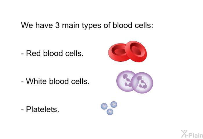 We have 3 main types of blood cells:  Red blood cells. White blood cells. Platelets.