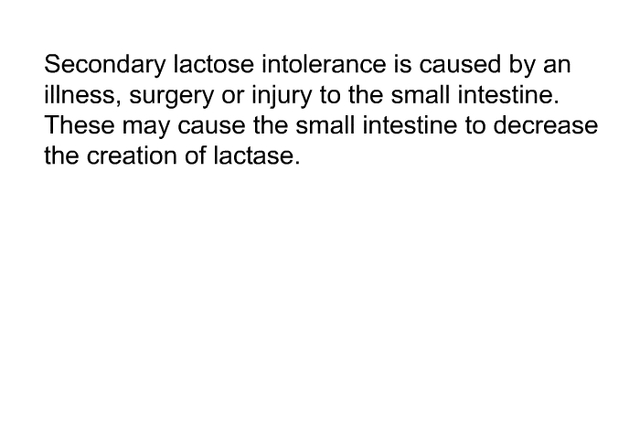 Secondary lactose intolerance is caused by an illness, surgery or injury to the small intestine. These may cause the small intestine to decrease the creation of lactase.