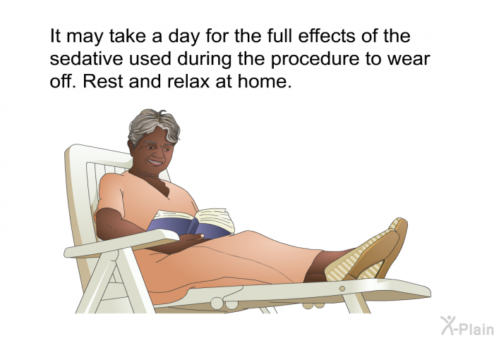 It may take a day for the full effects of the sedative used during the procedure to wear off. Rest and relax at home.