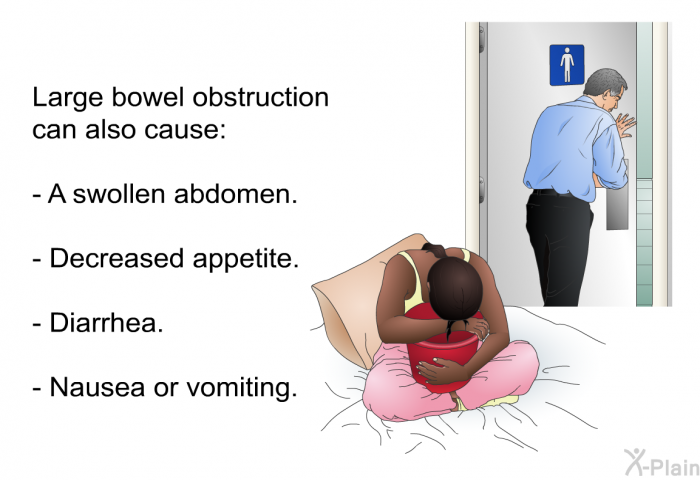 Large bowel obstruction can also cause:  A swollen abdomen. Decreased appetite. Diarrhea. Nausea or vomiting.