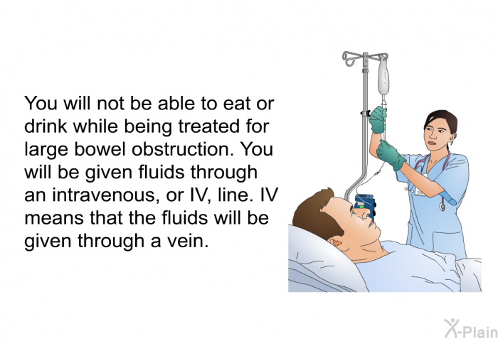 You will not be able to eat or drink while being treated for large bowel obstruction. You will be given fluids through an intravenous, or IV, line. IV means that the fluids will be given through a vein.