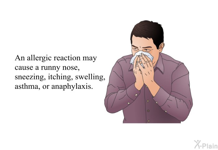 An allergic reaction may cause a runny nose, sneezing, itching, swelling, asthma, or anaphylaxis.