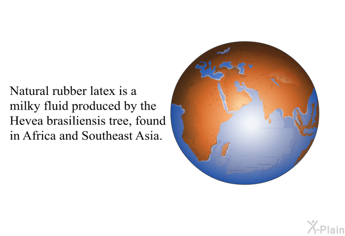 Natural rubber latex is a milky fluid produced by the Hevea brasiliensis tree, found in Africa and Southeast Asia.