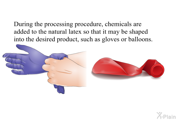 During the processing procedure, chemicals are added to the natural latex so that it may be shaped into the desired product, such as gloves or balloons.