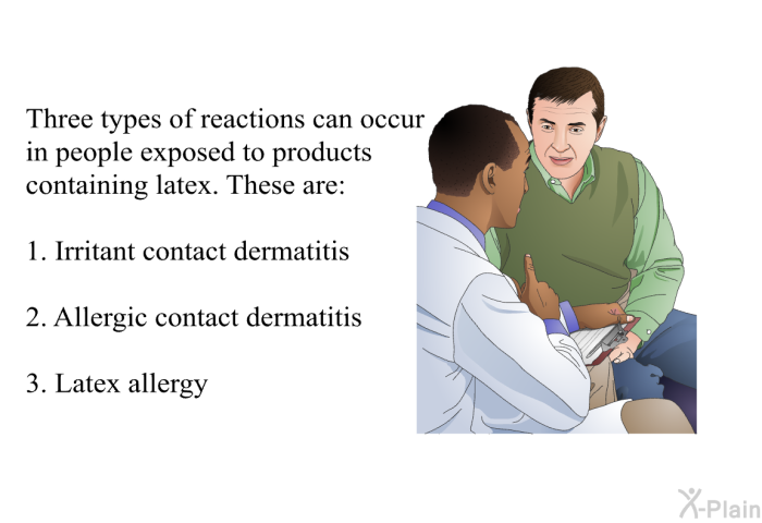 Three types of reactions can occur in people exposed to products containing latex. These are  Irritant contact dermatitis Allergic contact dermatitis Latex allergy