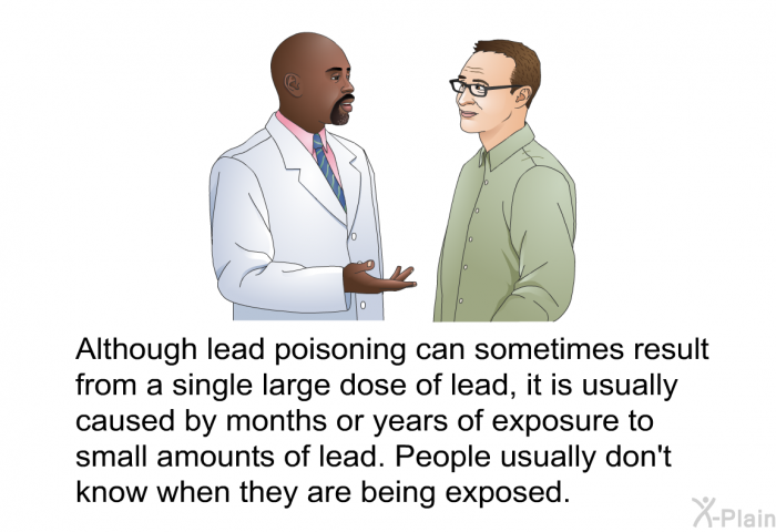 Although lead poisoning can sometimes result from a single large dose of lead, it is usually caused by months or years of exposure to small amounts of lead. People usually don't know when they are being exposed.