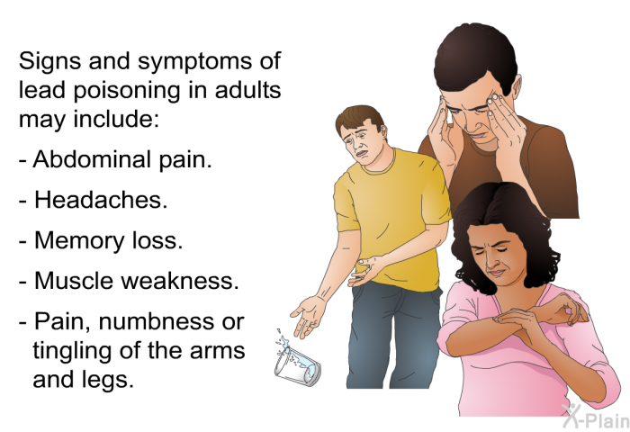 Signs and symptoms of lead poisoning in adults may include:  Abdominal pain. Headaches. Memory loss. Muscle weakness. Pain, numbness or tingling of the arms and legs.