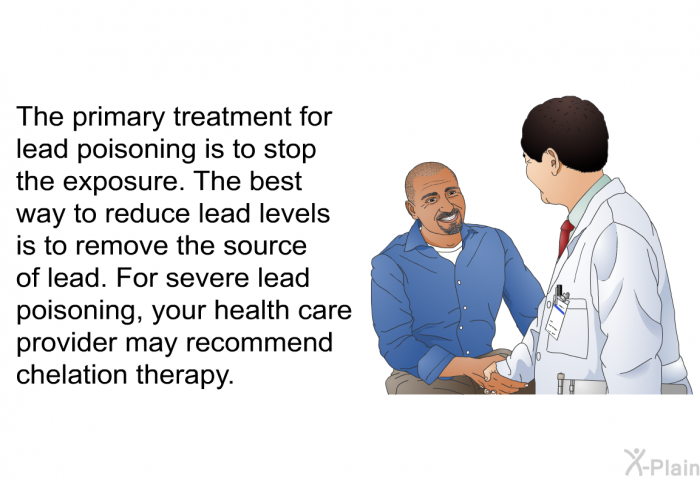 The primary treatment for lead poisoning is to stop the exposure. The best way to reduce lead levels is to remove the source of lead. For severe lead poisoning, your health care provider may recommend chelation therapy.