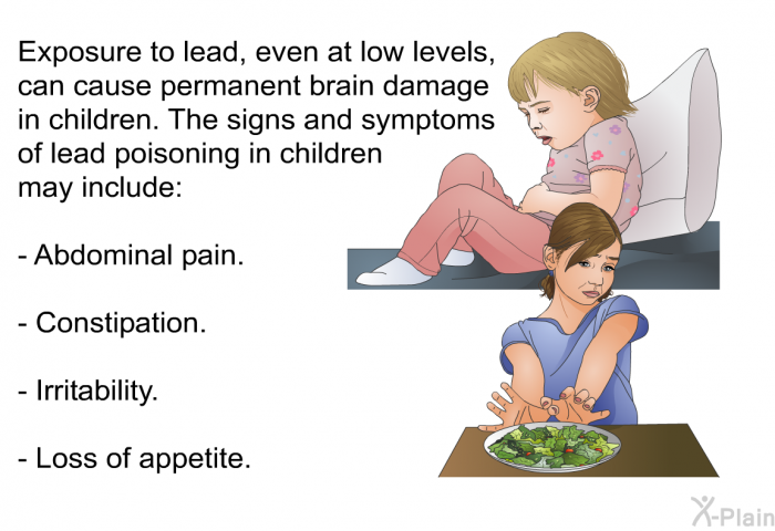 Exposure to lead, even at low levels, can cause permanent brain damage in children. The signs and symptoms of lead poisoning in children may include:  Abdominal pain. Constipation. Irritability. Loss of appetite.