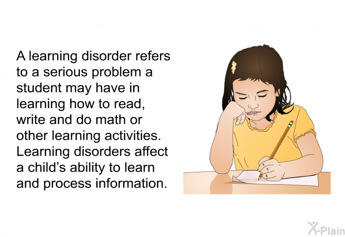 A learning disorder refers to a serious problem a student may have in learning how to read, write and do math or other learning activities. Learning disorders affect a child's ability to learn and process information.