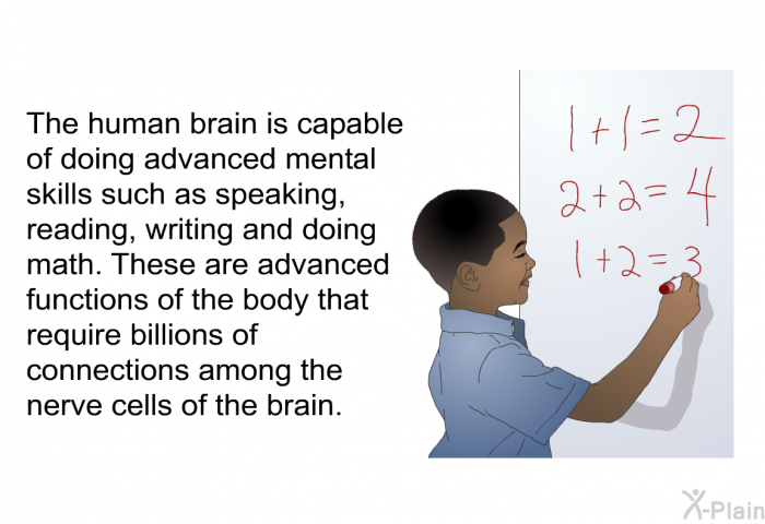 The human brain is capable of doing advanced mental skills such as speaking, reading, writing and doing math. These are advanced functions of the body that require billions of connections among the nerve cells of the brain.