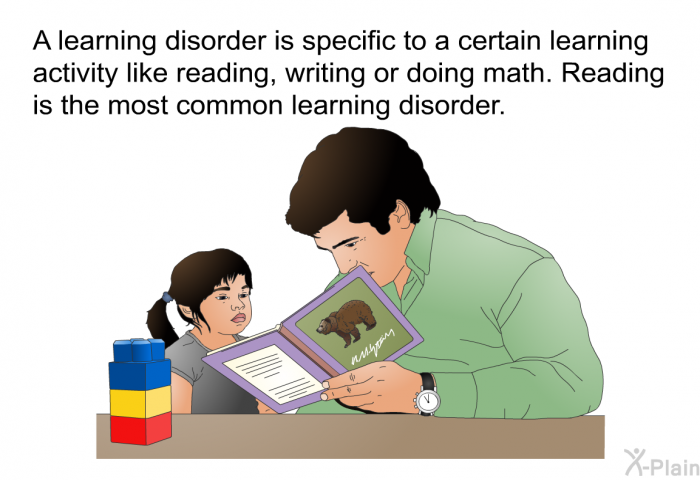 A learning disorder is specific to a certain learning activity like reading, writing or doing math. Reading is the most common learning disorder.