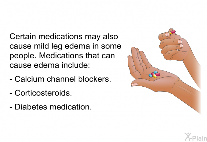 Certain medications may also cause mild leg edema in some people. Medications that can cause edema include:  Calcium channel blockers. Corticosteroids. Diabetes medication.