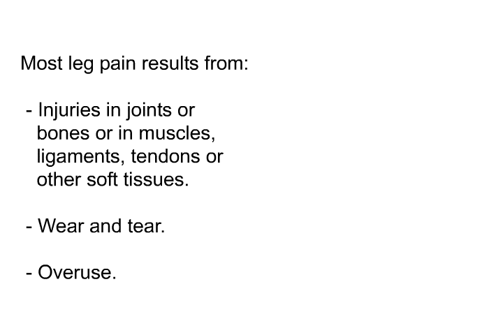 Most leg pain results from:  Injuries in joints or bones or in muscles, ligaments, tendons or other soft tissues. Wear and tear. Overuse.