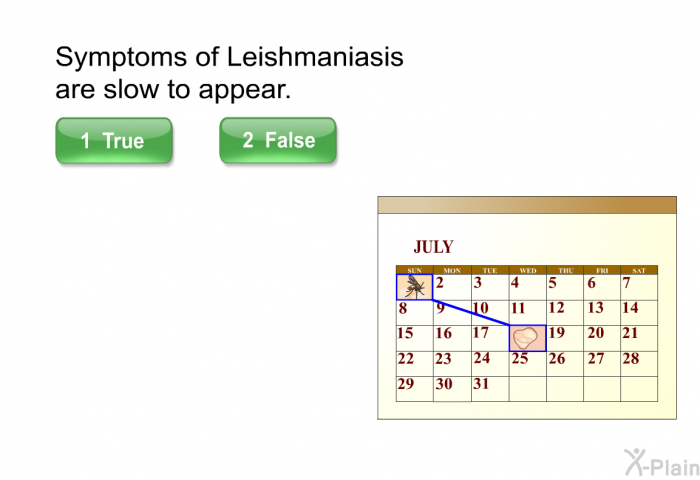 Symptoms of Leishmaniasis are slow to appear. (Press true or false).