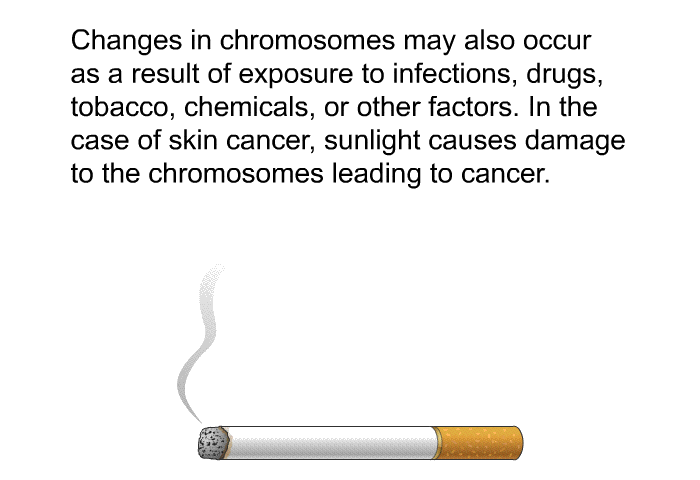 Changes in chromosomes may also occur as a result of exposure to infections, drugs, tobacco, chemicals, or other factors. In the case of skin cancer, sunlight causes damage to the chromosomes leading to cancer.