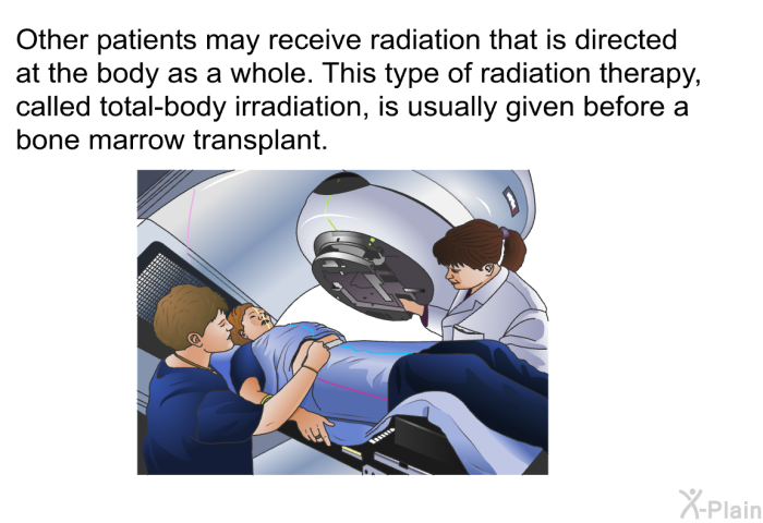 Other patients may receive radiation that is directed at the body as a whole. This type of radiation therapy, called <I>total-body irradiation</I>, is usually given before a bone marrow transplant.