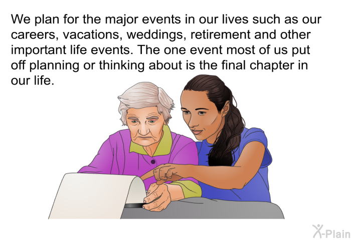 We plan for the major events in our lives such as our careers, vacations, weddings, retirement and other important life events. The one event most of us put off planning or thinking about is the final chapter in our life.