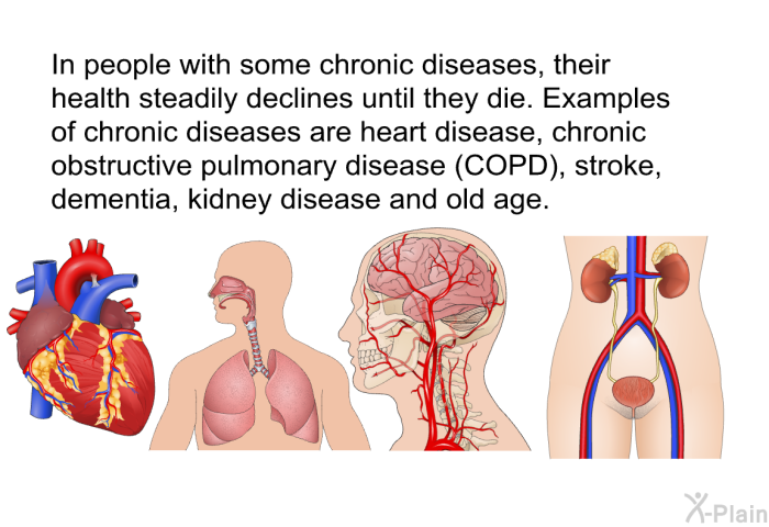 In people with some chronic diseases, their health steadily declines until they die. Examples of chronic diseases are heart disease, chronic obstructive pulmonary disease (COPD), stroke, dementia, kidney disease and old age.