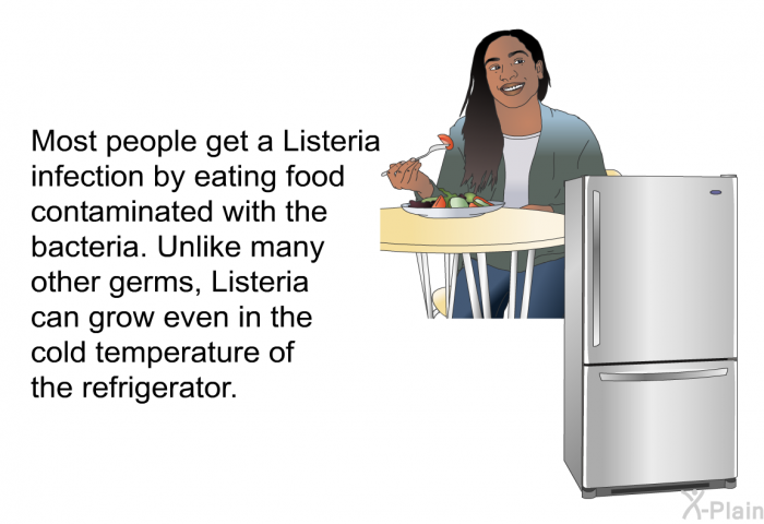 Most people get a listeria infection by eating food contaminated with the bacteria. Unlike many other germs, Listeria can grow even in the cold temperature of the refrigerator.