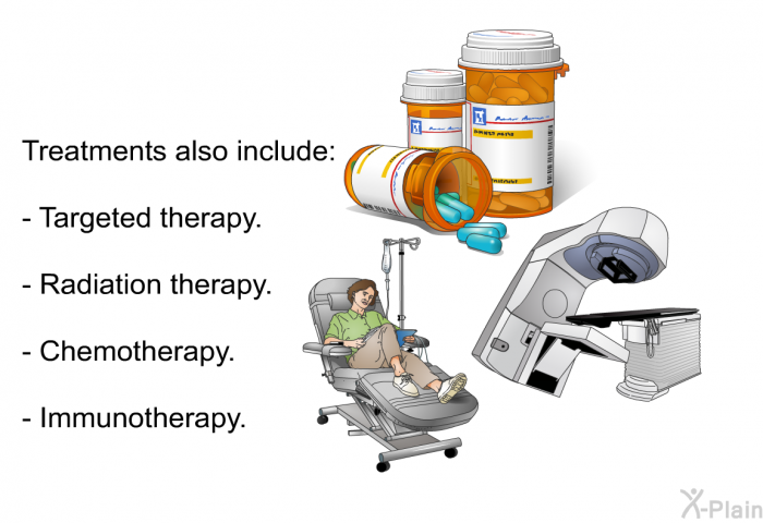 Treatments also include:  Targeted therapy. Radiation therapy. Chemotherapy. Immunotherapy.