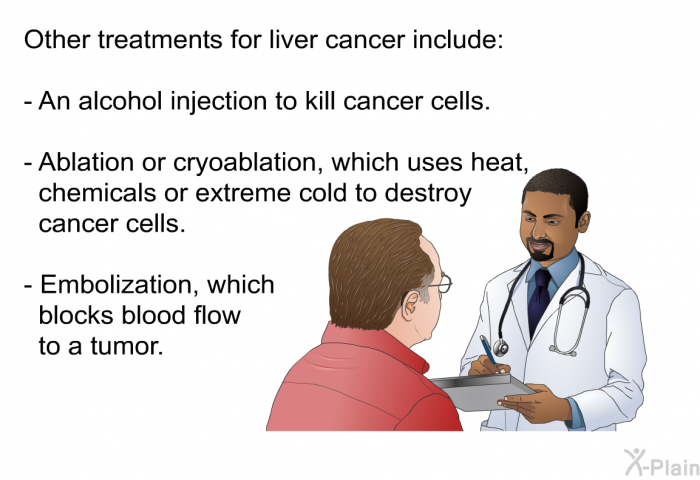 Other treatments for liver cancer include:  An alcohol injection to kill cancer cells. Ablation or cryoablation, which uses heat, chemicals or extreme cold to destroy cancer cells. Embolization, which blocks blood flow to a tumor.