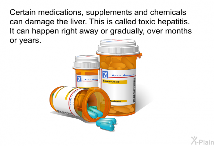 Certain medications, supplements and chemicals can damage the liver. This is called toxic hepatitis. It can happen right away or gradually, over months or years.
