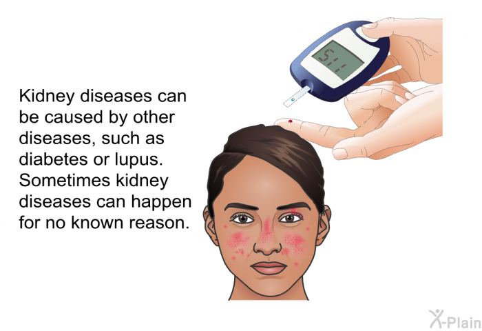 Kidney diseases can be caused by other diseases, such as diabetes or lupus. Sometimes kidney diseases can happen for no known reason.